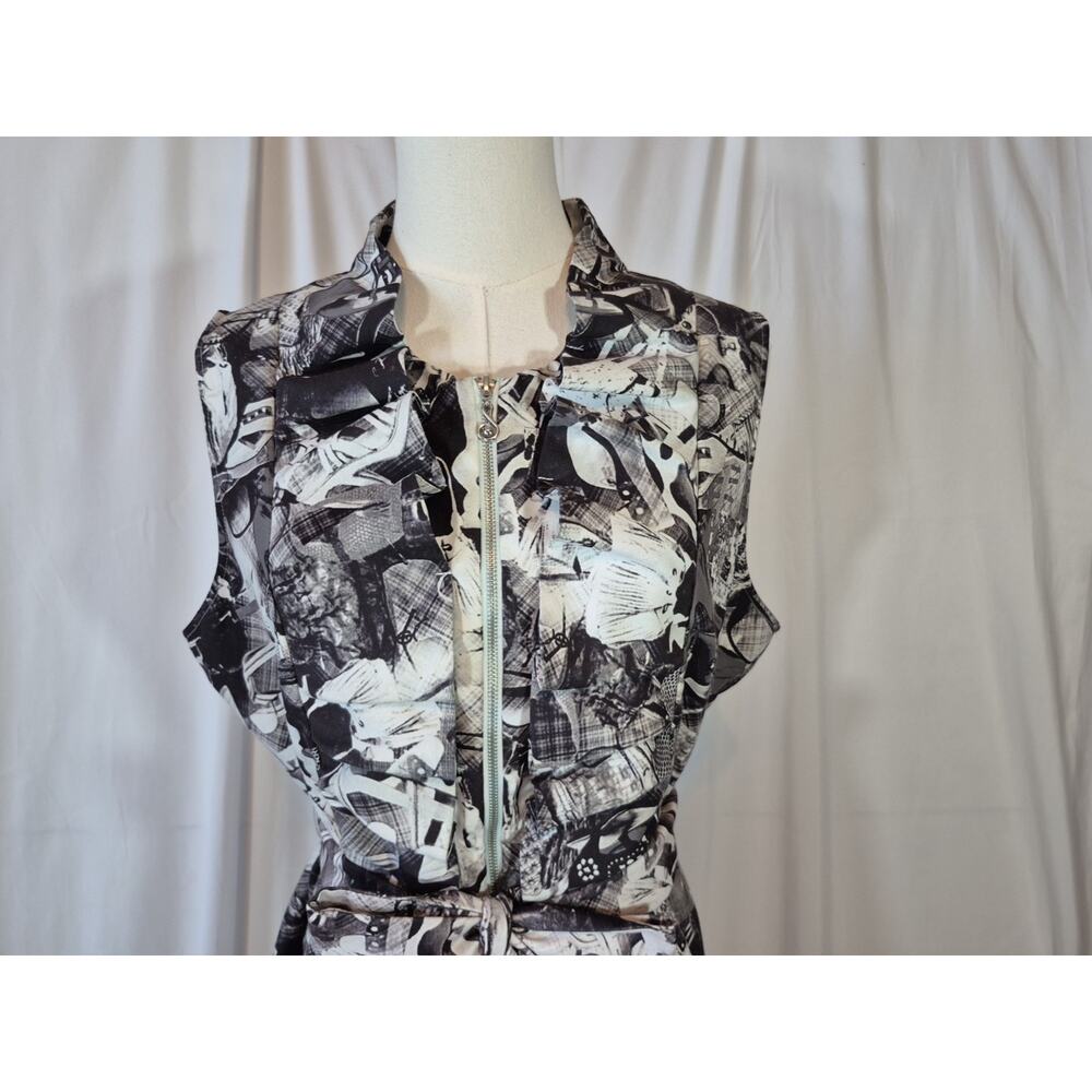 Samuel Dong Black White Print Front Zipper Mini Dress Large Graphic - Picture 2 of 11